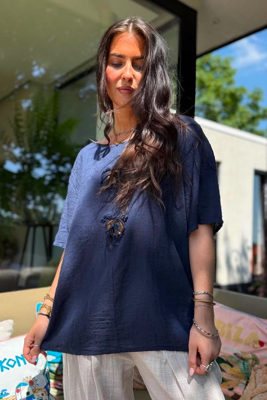 Izi Cheesecloth Button Tee Navy
